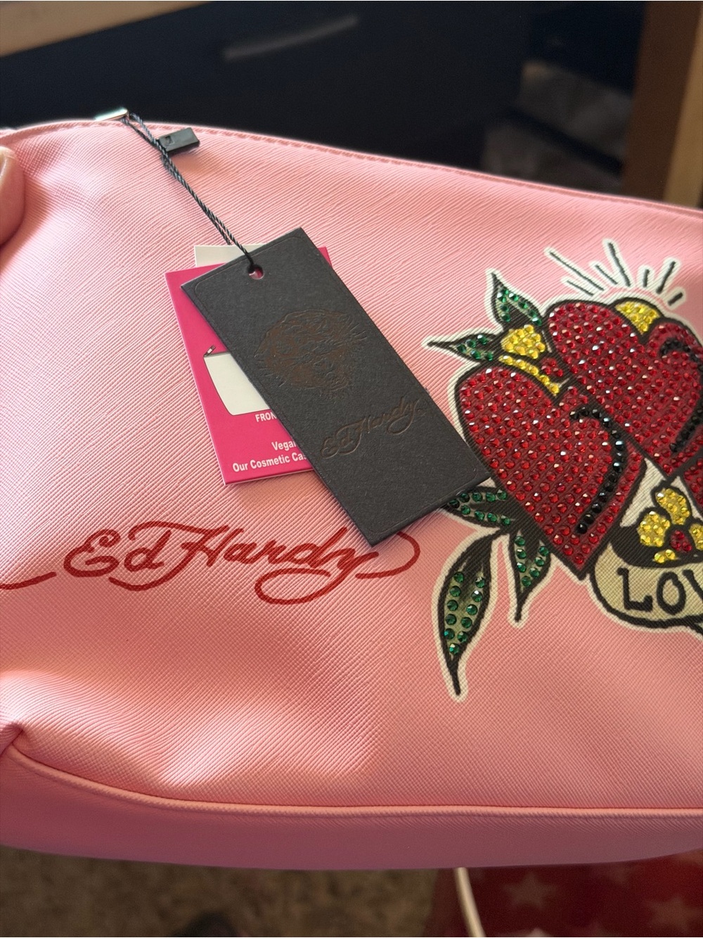 Ed Hardy Pink Cosmetic Pouch with Jeweled Heart Motif